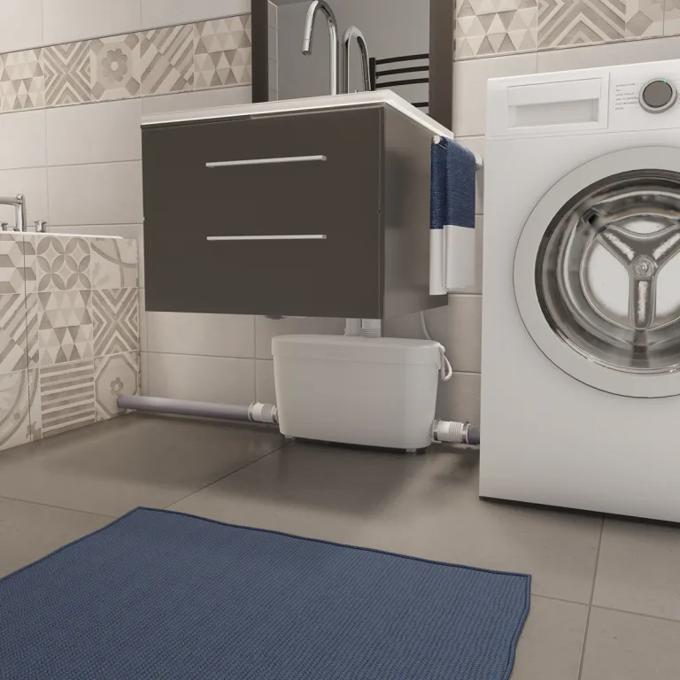Атмосферное изображение Saniaccess Pump, насос, подключенный к ванне, раковине и стиральной машине.
