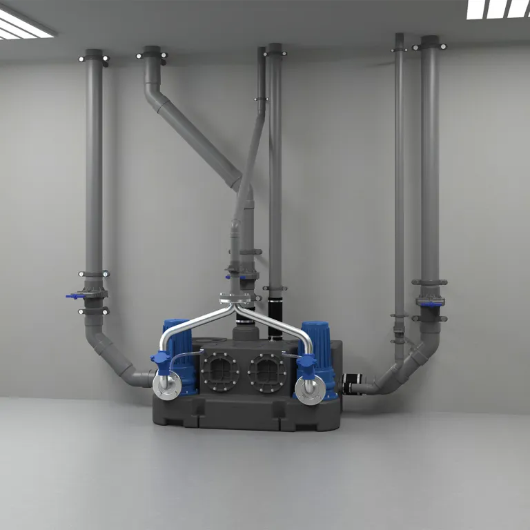 Визуальное оформление Sanicubic 2 GR SE71.1 T, установка для подъема сточных вод, серых/канализационных вод, на парковке здания.