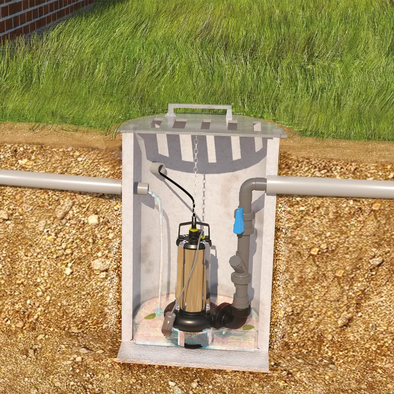 Визуализация обстановки с Sanipump SLD 700 S, однофазный двухканальный насос, установленный в колодец для отвода дождевой воды.