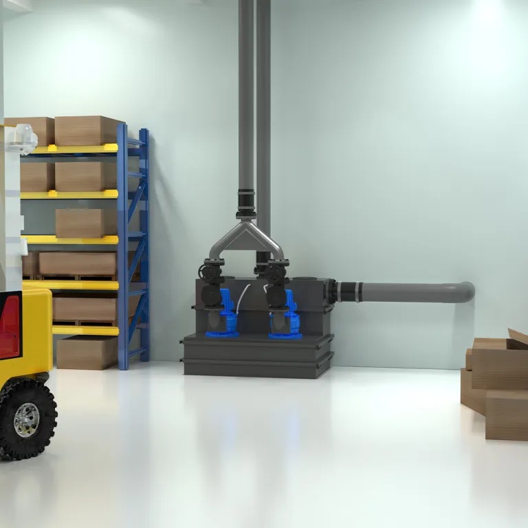 Атмосферное изображение Sanicubic 2 SC3.0 T, трехфазная насосная станция для сточных/фекальных вод для установки на складе.