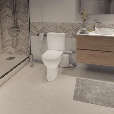 Атмосферное изображение Sanibest Pro, измельчитель для унитаза, отводящий воду из туалета, раковины и душа, в ванной комнате.
