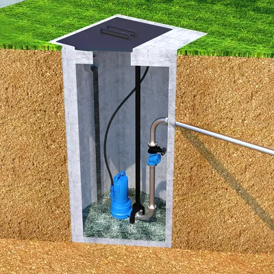 Визуальный образ Sanipump ZPG 71.1 S, однофазный двухканальный насос из чугуна, установленный в бетонный резервуар в саду.