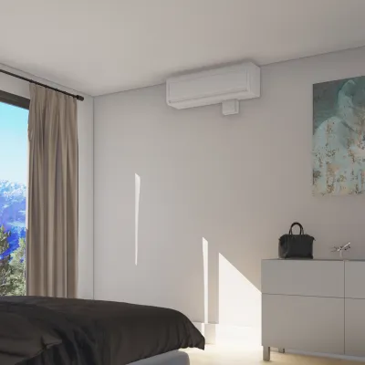 Атмосферный визуализация Sanicondens Clim Deco, конденсатный насос для кондиционера, установленный под кондиционером в комнате.