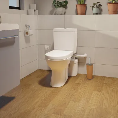 Визуализация атмосферы Sanibroyeur Pro, измельчитель для унитаза подключенный незаметно сзади унитаза.