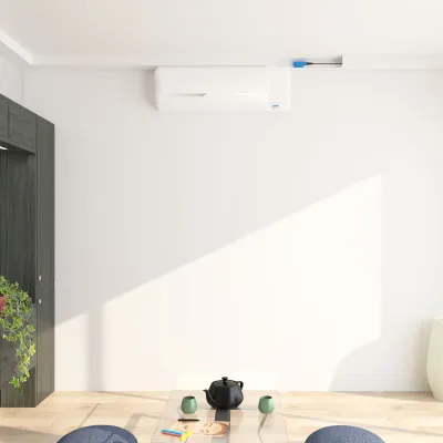 Визуализация атмосферы Sanicondens Clim Mini S, насос отработанного конденсата, установленный на потолке гостиной рядом с кондиционером.