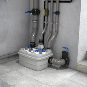 Визуализация атмосферы Sanicubic 2 Classic, насосная станция для сточных/канализационных вод, установленная на полу в гараже.