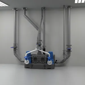 Визуальное оформление Sanicubic 2 GR SE71.1 T, установка для подъема сточных вод, серых/канализационных вод, на парковке здания.