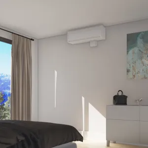 Атмосферный визуализация Sanicondens Clim Deco, конденсатный насос для кондиционера, установленный под кондиционером в комнате.