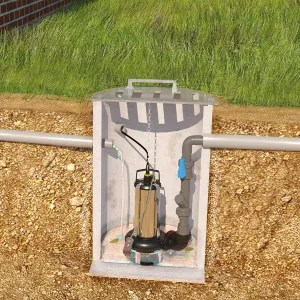 Визуализация обстановки с Sanipump SLD 700 S, однофазный двухканальный насос, установленный в колодец для отвода дождевой воды.