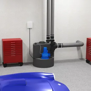 Визуализация Sanicubic 1 SC3.0 T, трехфазная, насосная станция для сточных/канализационных вод в гараже.