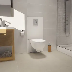 Декоративное изображение Saniwall Pro Up в стекле, измельчитель, подключенный к подвесному унитазу, душу и раковине.